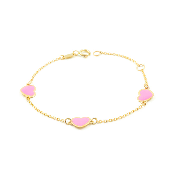 Bracelet Fille Enfant Or Jaune 9 Carats Émail Cœur Rose Brillant 14 cm