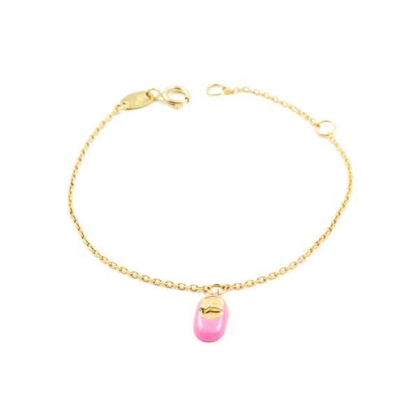 Bracelet Fille Enfant Or Jaune 9 Carats Émail Chaussure Rose Brillant 14 cm