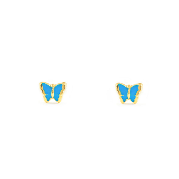 Boucles d'Oreilles Bebe Fille Enfant Émail bleu intense Papillon Or Jaune 9 Carats