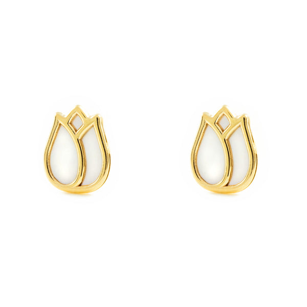 Boucles d'Oreilles Bebe Fille Enfant Nacre Tulipe Or Jaune 9 Carats