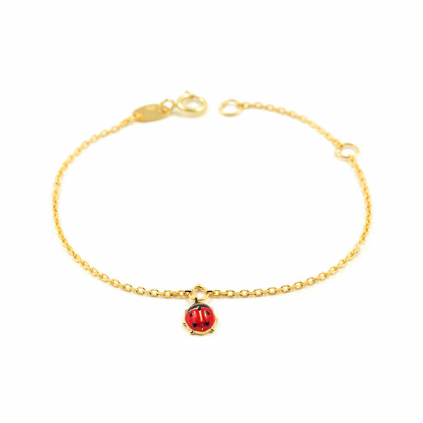 Bracelet Fille Enfant Or Jaune 9 Carats Émail Guêpe Rouge-Noir Brillant 14 cm