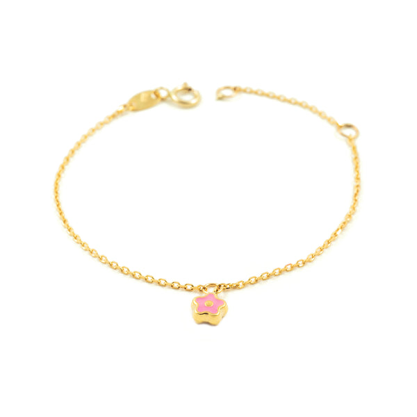 Bracelet Fille Enfant Or Jaune 9 Carats Émail Fleur Rose Brillant 14 cm