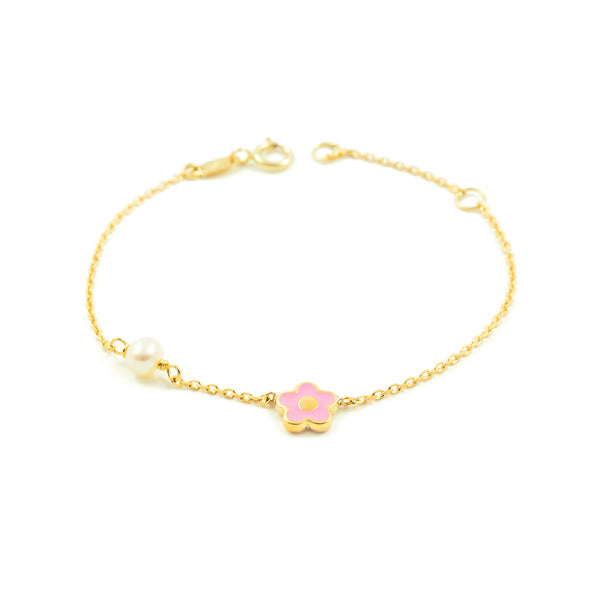 Bracelet Fille Enfant Or Jaune 9 Carats Émail Fleur Rose perle 4 mm Brillant 14 cm