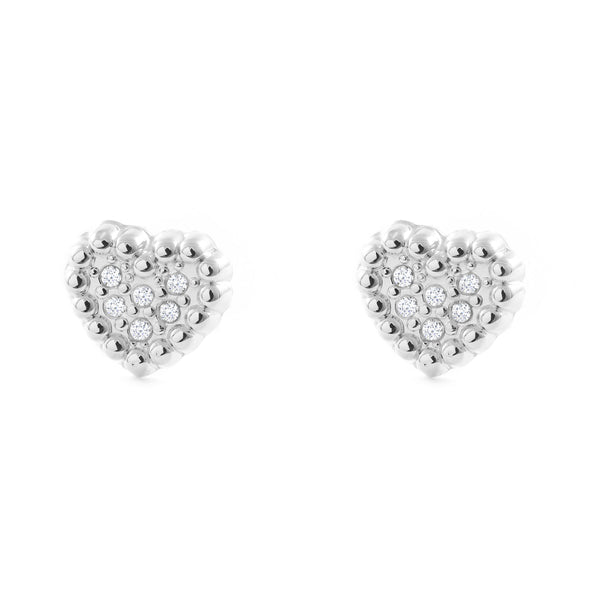 Boucles d'Oreilles Fille Enfant Cœur Zircone Or Blanc 9 Carats