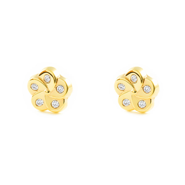 Boucles d'Oreilles Fille Enfant Fleur Zircone Or Jaune 9 Carats