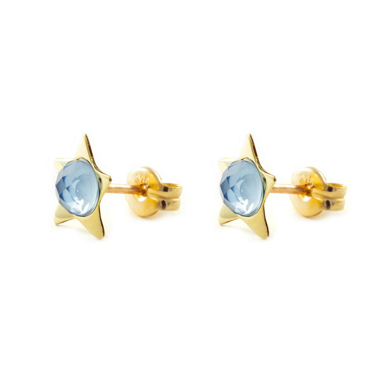 Pendientes oro amarillo niña estrella con briolet azul 