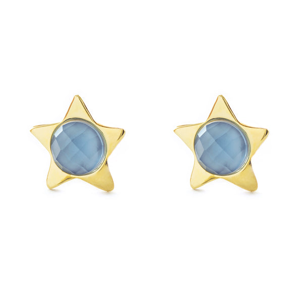 Boucles d'Oreilles Fille Enfant Étoile Bleu Or Jaune 9 Carats