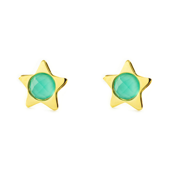 Boucles d'Oreilles Fille Enfant Étoile Vert Or Jaune 9 Carats