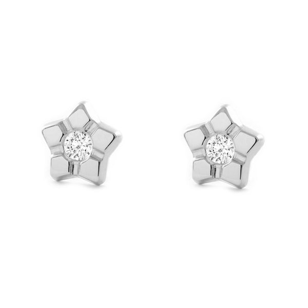 Boucles d'Oreilles Fille Enfant Étoile Zircone Or Blanc 9 Carats