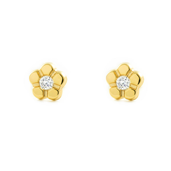 Boucles d'Oreilles Fille Enfant marguerite fleur Zircone Or Jaune 9 Carats