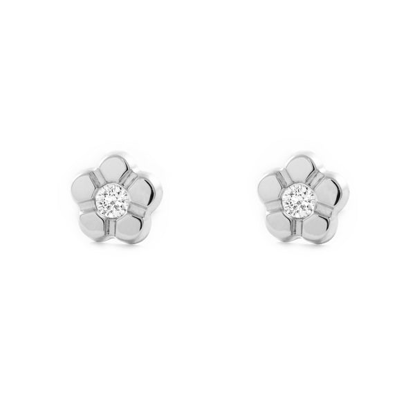 Boucles d'Oreilles Fille Enfant marguerite fleur Zircone Or Blanc 9 Carats