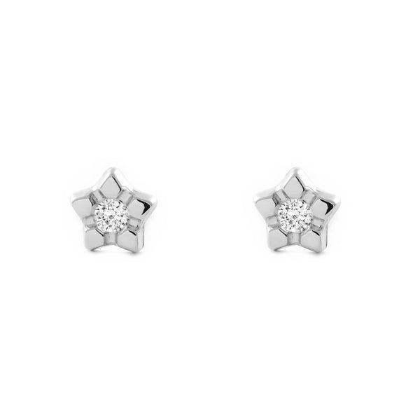 Boucles d'Oreilles Bebe Fille Enfant Étoile Zircone Or Blanc 9 Carats