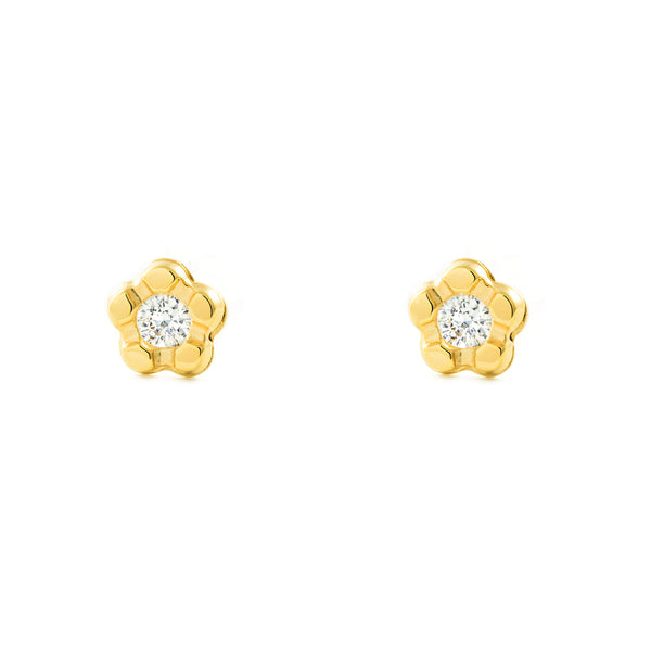 Boucles d'Oreilles Bebe Enfant marguerite fleur Zircone Or Jaune 9 Carats