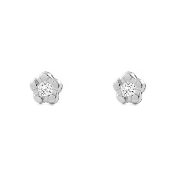 Boucles d'Oreilles Bebe Enfant marguerite fleur Zircone Or Blanc 9 Carats