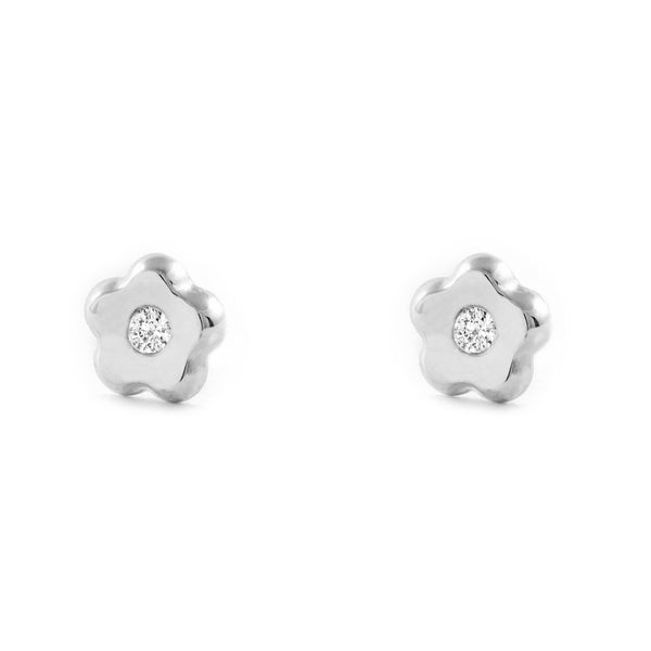 Boucles d'Oreilles Bebe Fille Enfant marguerite fleur Zircone Or Blanc 9 Carats