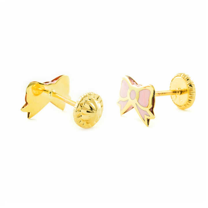 Pendientes Niña oro amarillo lazo esmalte rosa (9kts)