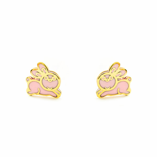 Boucles d'Oreilles Bebe Fille Enfant Émail rose Lapin Or Jaune 9 Carats