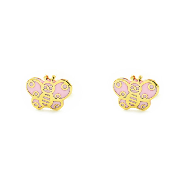 Boucles d'Oreilles Bebe Fille Enfant Émail rose Papillon Or Jaune 9 Carats