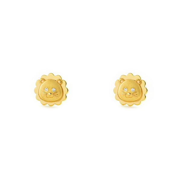 Boucles d'Oreilles Fille Enfant Lion Zircone Or Jaune 9 carats mates et brillantes