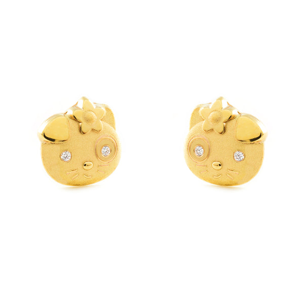 Boucles d'Oreilles Fille Enfant Chat Zircone Or Jaune 9 carats mates et brillantes