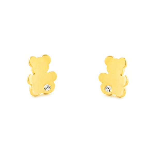 Boucles d'Oreilles Bebe Fille Enfant Ours Zircone Or Jaune 9 Carats