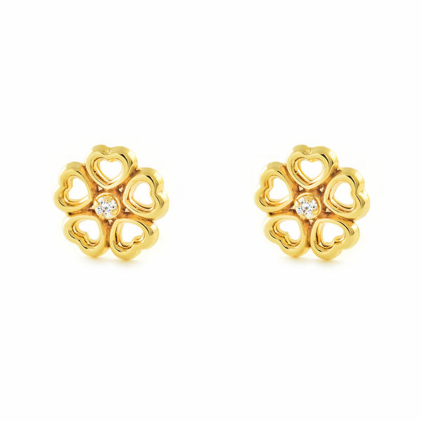 Boucles d'Oreilles Fille Enfant Fleur de Cœur Zircone Or Jaune 9 Carats