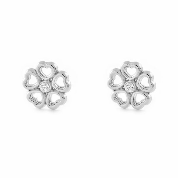 Boucles d'Oreilles Fille Enfant Fleur de Cœur Zircone Or Blanc 9 Carats