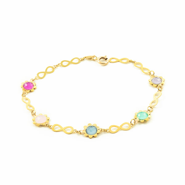 Bracelet Femme Or Jaune 9 Carats Infinis et Fleurs Multicolores Brillant 20 cm