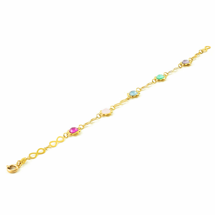 Pulsera Oro Amarillo infinitos con flores y piedras de color (9kts)