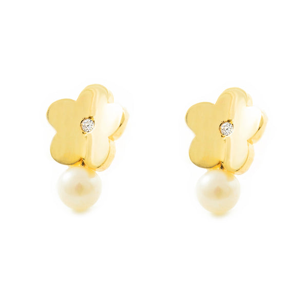 Boucles d'Oreilles Fille Enfant marguerite fleur Zircone Perle 3,5 mm Or Jaune 9 Carats