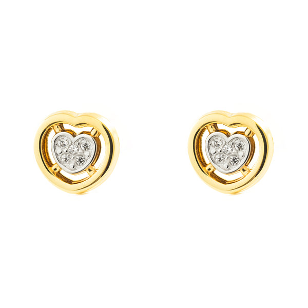 Boucles d'Oreilles Fille Enfant Cœur Zircone Or Bicolore 9 Carats