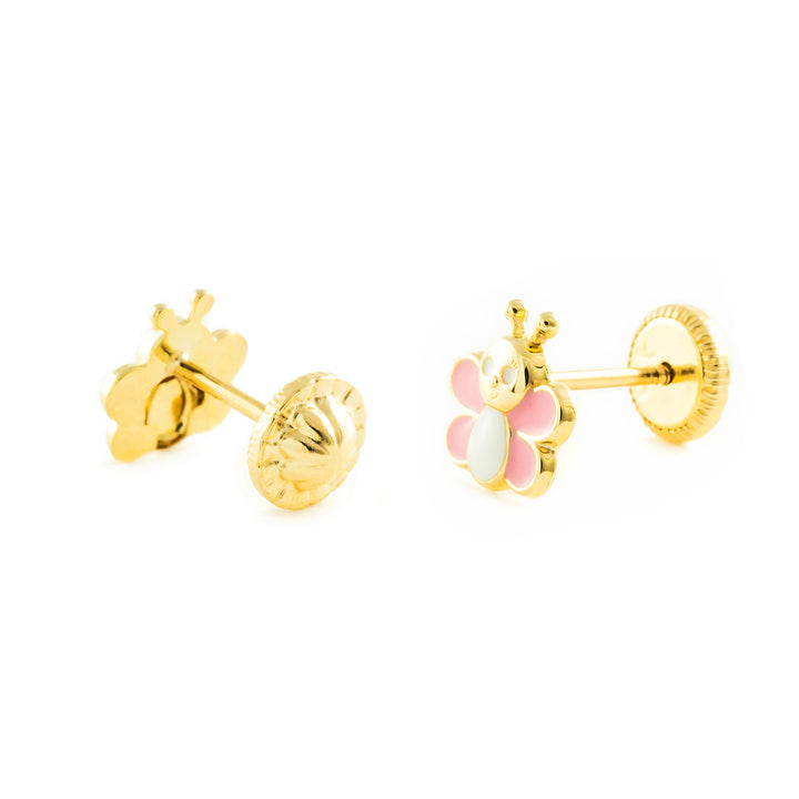 Pendientes Bebe o Niña Oro Mariposa Esmalte Rosa y blanco (9kts)