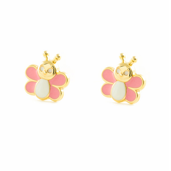 Boucles d'Oreilles Fille Enfant Émail rose-blanc Papillon Or Jaune 9 Carats