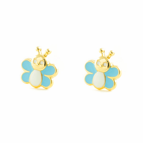 Boucles d'Oreilles Fille Enfant Émail bleu-blanc Papillon Or Jaune 9 Carats