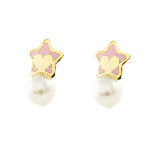 Boucles d'Oreilles Fille Enfant Émail rose Étoile Perle 4 mm Or Jaune 9 Carats