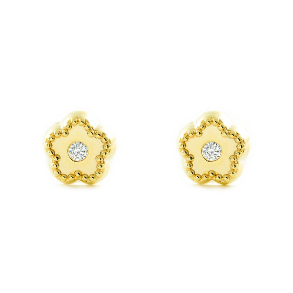 Boucles d'Oreilles Bebe Fille Enfant marguerite fleur Zircone Or Jaune 9 carats texturees