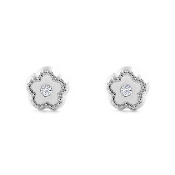 Boucles d'Oreilles Bebe Fille Enfant marguerite fleur Zircone Or Blanc 9 carats texturees