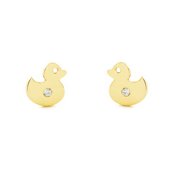 Boucles d'Oreilles Bebe Fille Enfant Canard Zircone Or Jaune 9 Carats