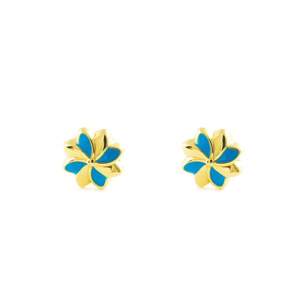 Boucles d'Oreilles Fille Enfant Émail bleu Fleur Or Jaune 18 Carats