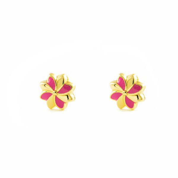 Boucles d'Oreilles Fille Enfant Émail rose Fleur Or Jaune 18 Carats