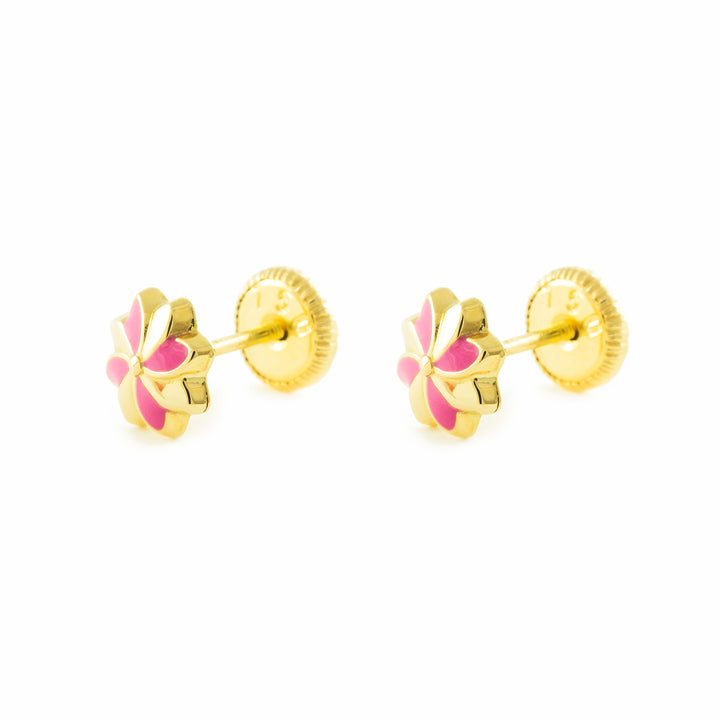 Pendientes oro amarillo niña Flor Esmaltada Rosa