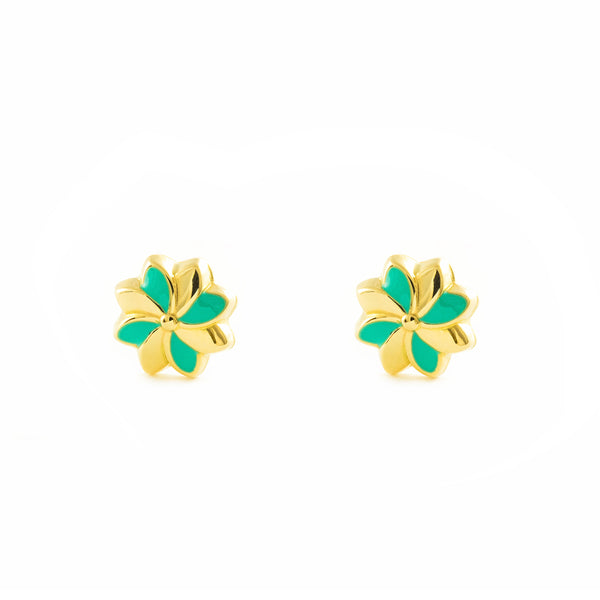 Boucles d'Oreilles Fille Enfant Émail vert Fleur Or Jaune 18 Carats