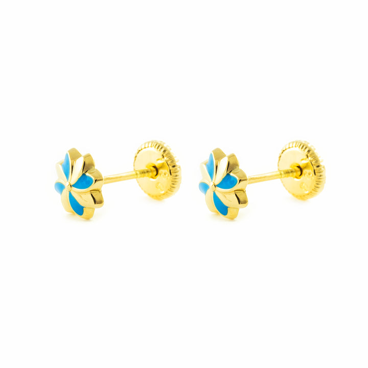 Pendientes oro amarillo niña Flor Esmaltada Azul (9kt)