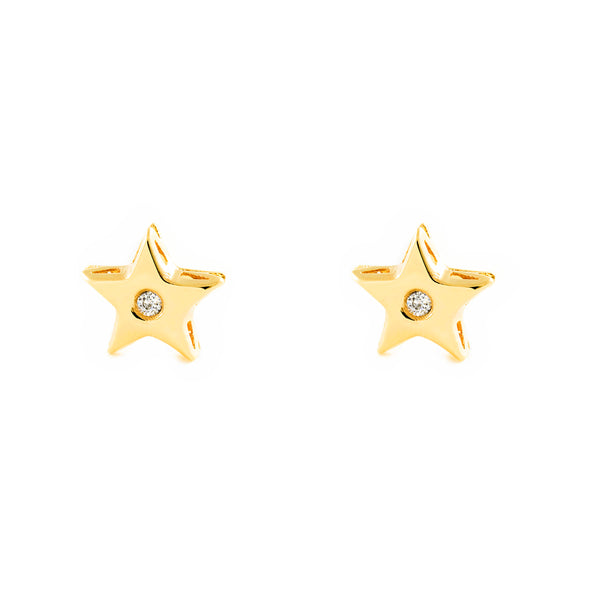 Boucles d'Oreilles Bebe Fille Enfant Étoile Zircone Or Jaune 9 Carats