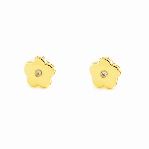 Boucles d'Oreilles Bebe Fille Enfant Fleur Zircone Or Jaune 9 Carats