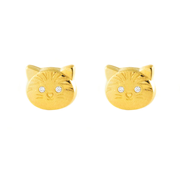 Boucles d'Oreilles Fille Enfant Chat Zircone Or Jaune 9 carats mates et brillantes