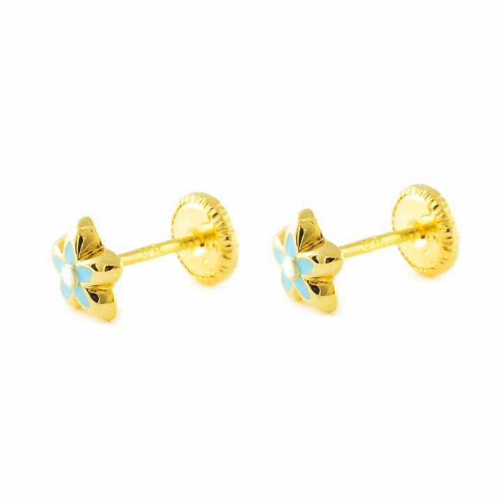 Pendientes oro amarillo niña Flor Esmaltada Azul