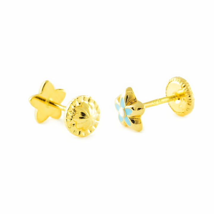 Pendientes oro amarillo niña Flor Esmaltada Azul