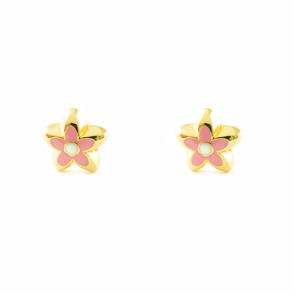 Boucles d'Oreilles Bebe Fille Enfant Émail rose Fleur Or Jaune 18 Carats