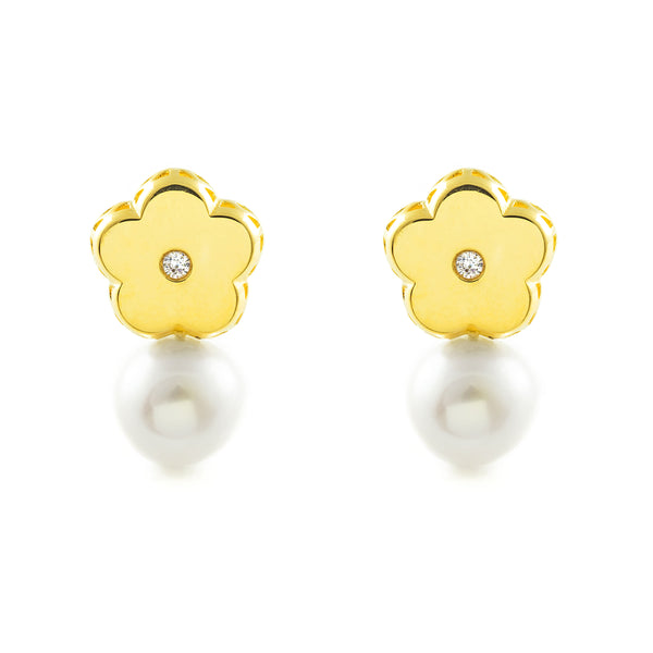 Boucles d'Oreilles Fleur Zircone Perle 6 mm Or Jaune 18 Carats